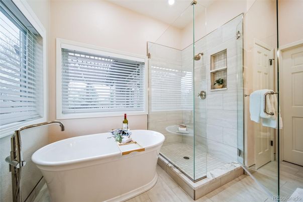 Bathroom, Free Standing Baths, Glass Shower, Interior, Recessed Lighting