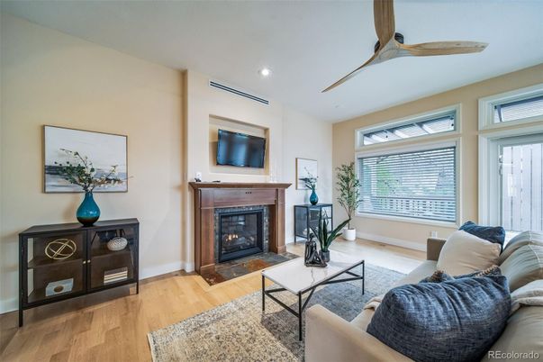 Fireplace, Interior, Living room, Recessed Lighting, Wood Texture Flooring