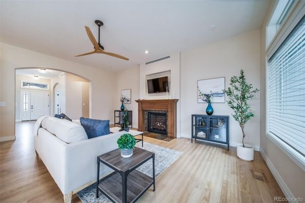 Fireplace, Interior, Living room, Recessed Lighting, Wood Texture Flooring