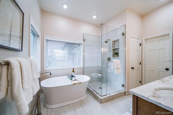 Bathroom, Dual Sink Vanities, Free Standing Baths, Glass Shower, Interior, Recessed Lighting
