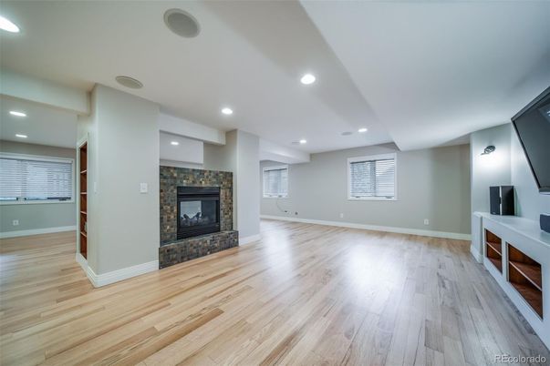 Empty room, Fireplace, Interior, Recessed Lighting, Wood Texture Flooring
