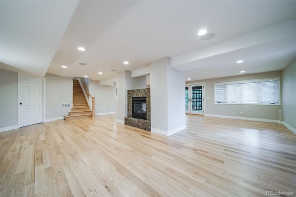 Empty room, Fireplace, Interior, Recessed Lighting, Wood Texture Flooring