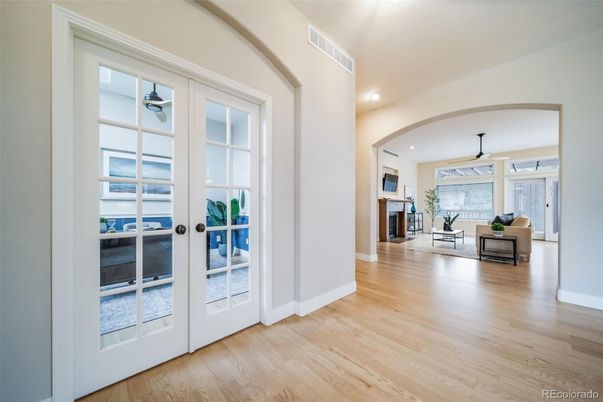 Fireplace, Interior, Recessed Lighting, Wood Texture Flooring