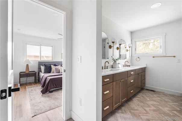 Bathroom, Bedroom, Dual Sink Vanities, Interior, Recessed Lighting, Wood Texture Flooring