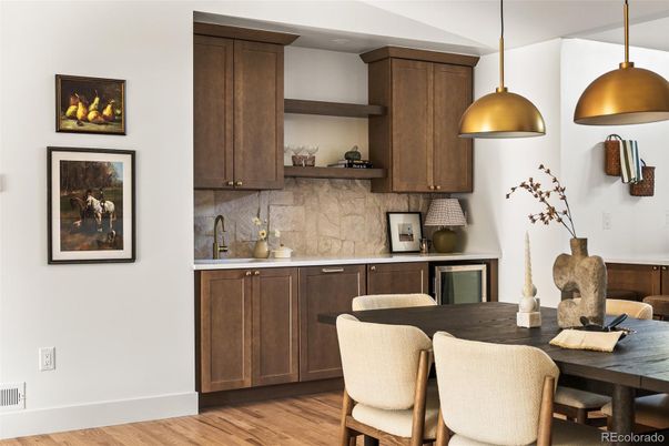 Dining room, Interior, Kitchen, Pendant Lights, Wood Texture Flooring