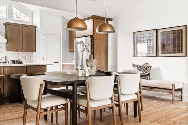 Dining room, Interior, Pendant Lights, Wood Texture Flooring