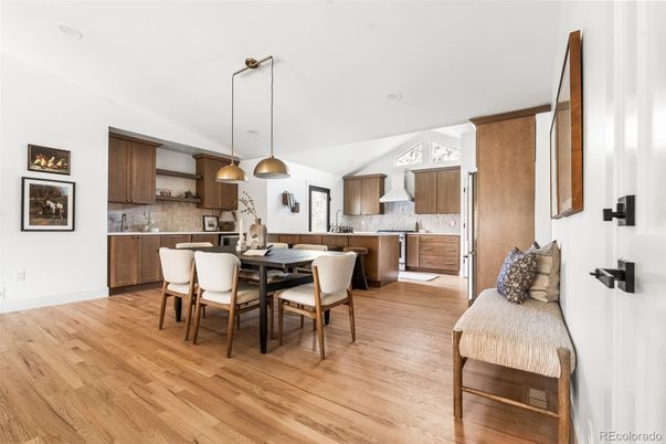 Dining room, Interior, Kitchen, Pendant Lights, Stainless Steel Appliances, Wood Texture Flooring