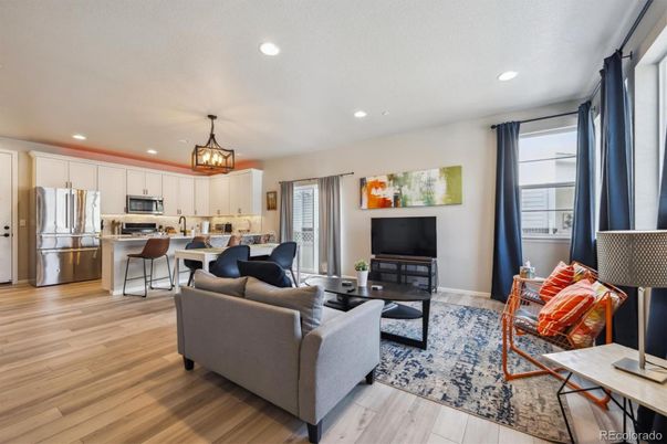 Interior, Kitchen, Living room, Pendant Lights, Recessed Lighting, Stainless Steel Appliances, Wood Texture Flooring