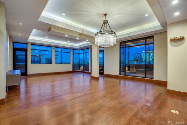 Chandelier, Empty room, Interior, Recessed Lighting, Wood Texture Flooring