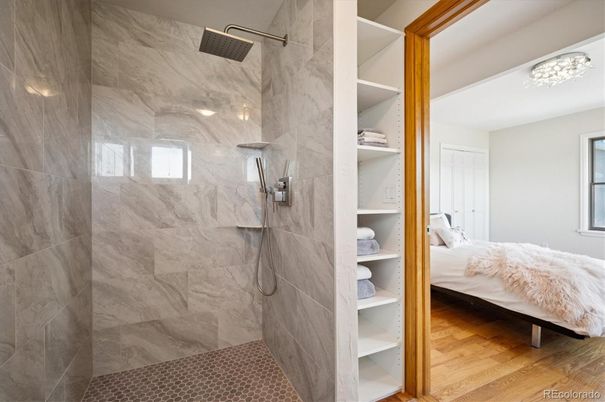 Bathroom, Bedroom, Glass Shower, Interior, Marble Walls, Wood Texture Flooring
