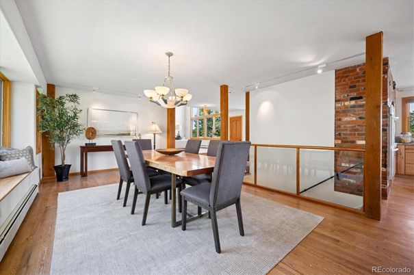 Chandelier, Dining room, Interior, Stone Walls, Wood Texture Flooring