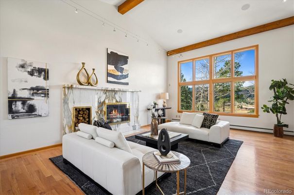 Fireplace, Interior, Living room, Recessed Lighting, Wooden Beams, Wood Texture Flooring