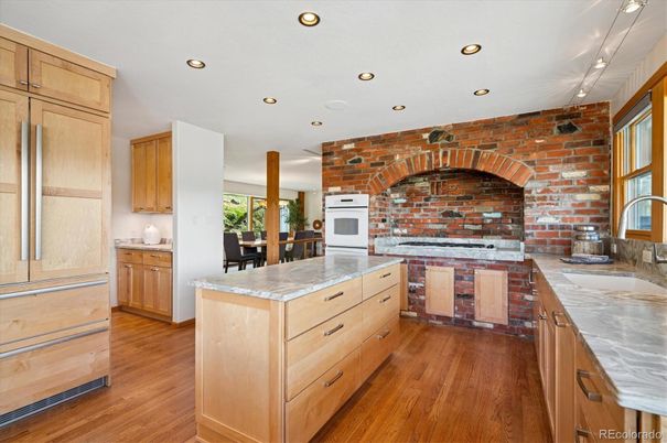 Interior, Kitchen, Recessed Lighting, Stone Walls, Wood Texture Flooring