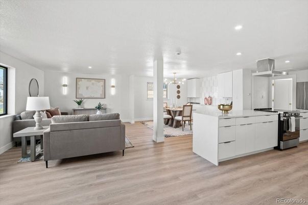 Dining room, Interior, Kitchen, Living room, Pendant Lights, Recessed Lighting, Wood Texture Flooring