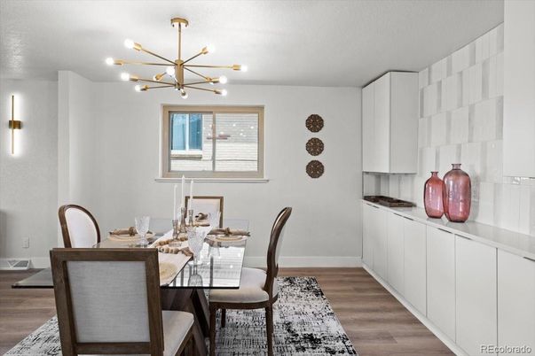 Dining room, Interior, Pendant Lights, Wood Texture Flooring