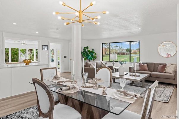 Dining room, Interior, Living room, Pendant Lights, Recessed Lighting, Wood Texture Flooring