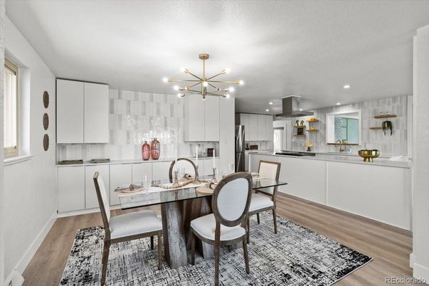 Dining room, Interior, Kitchen, Pendant Lights, Recessed Lighting, Stainless Steel Appliances, Wood Texture Flooring