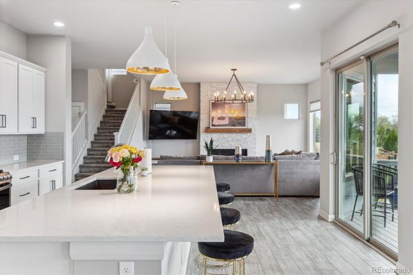 Interior, Kitchen, Living room, Pendant Lights, Recessed Lighting, Wood Texture Flooring