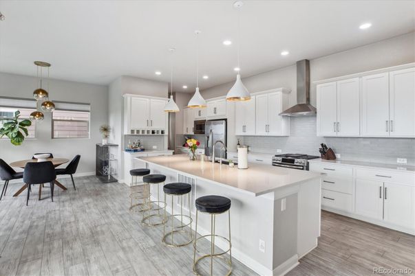 Dining room, Interior, Kitchen, Pendant Lights, Recessed Lighting, Stainless Steel Appliances, Wood Texture Flooring