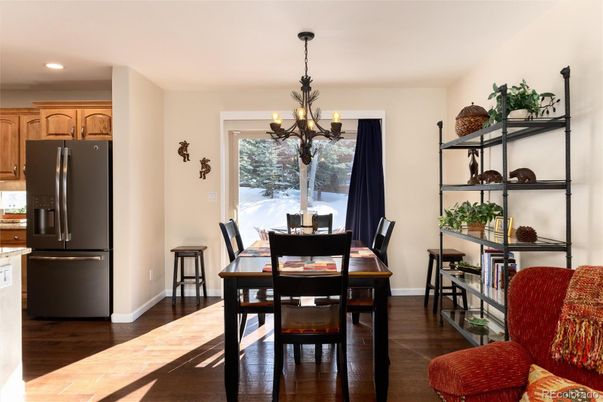 Chandelier, Dining room, Interior, Kitchen, Recessed Lighting, Wood Texture Flooring