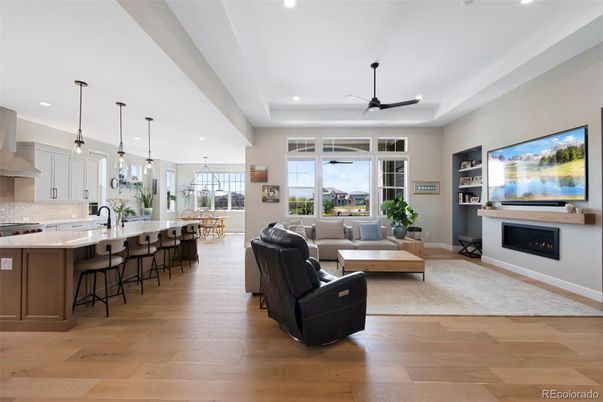 Fireplace, Interior, Kitchen, Living room, Pendant Lights, Recessed Lighting, Wood Texture Flooring