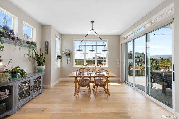 Dining room, Interior, Pendant Lights, Wood Texture Flooring
