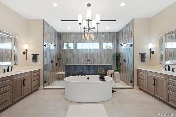 Bathroom, Dual Sink Vanities, Free Standing Baths, Glass Shower, Interior, Pendant Lights, Recessed Lighting