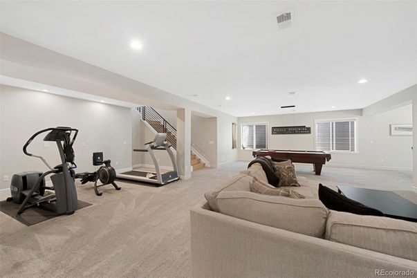 Billiard Table, Fitness Equipment, Game Room, Interior, Living room, Pendant Lights, Recessed Lighting