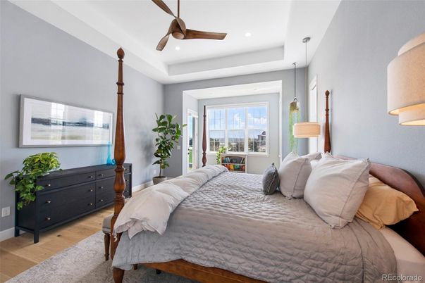 Bedroom, Interior, Pendant Lights, Recessed Lighting, Wood Texture Flooring