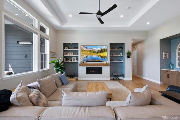 Fireplace, Interior, Living room, Recessed Lighting, Wood Texture Flooring