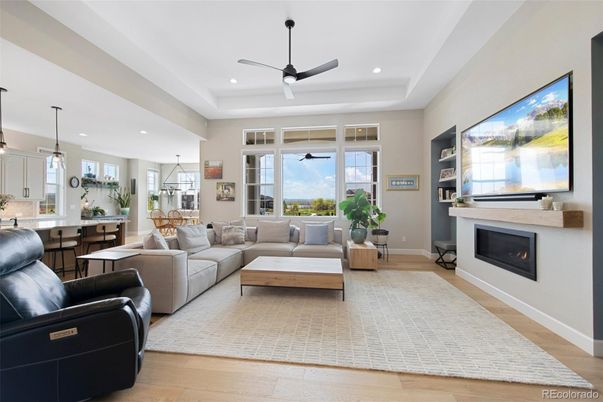 Dining room, Fireplace, Interior, Kitchen, Living room, Pendant Lights, Recessed Lighting, Wood Texture Flooring