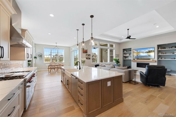 Dining room, Fireplace, Interior, Kitchen, Living room, Pendant Lights, Recessed Lighting, Wood Texture Flooring