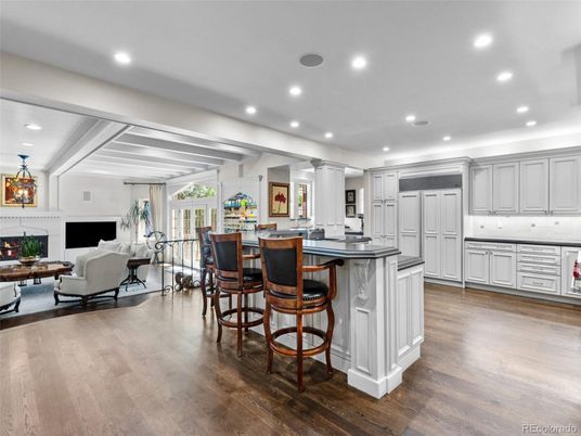 Dining room, Fireplace, Interior, Kitchen, Living room, Recessed Lighting, Wood Texture Flooring