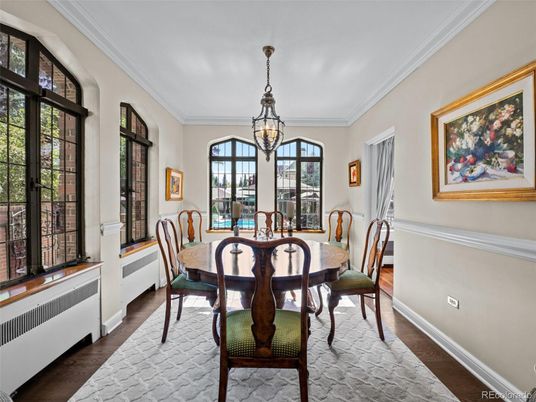 Dining room, Interior, Pendant Lights, Wood Texture Flooring