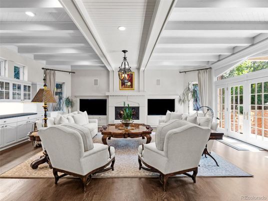 Dining room, Fireplace, Interior, Living room, Recessed Lighting, Wood Texture Flooring
