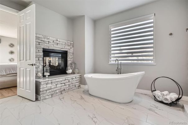 Bathroom, Fireplace, Free Standing Baths, Interior, Marble