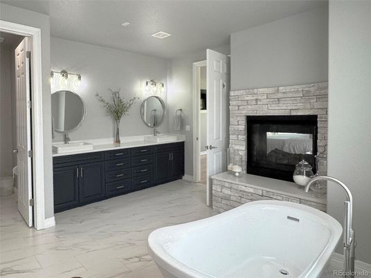 Bathroom, Dual Sink Vanities, Fireplace, Free Standing Baths, Interior, Marble