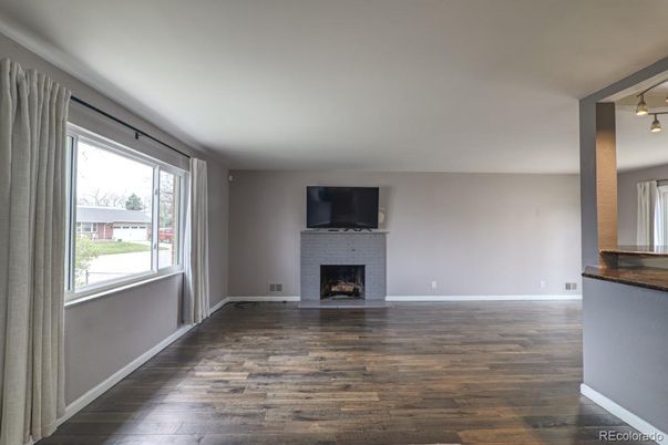 Empty room, Fireplace, Interior, Pendant Lights, Wood Texture Flooring