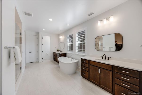 Bathroom, Dual Sink Vanities, Free Standing Baths, Glass Shower, Interior, Recessed Lighting