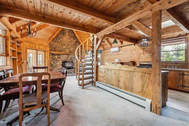 Dining room, Fireplace, Interior, Stone Walls, Wooden Beams, Wooden Ceilings, Wooden Walls