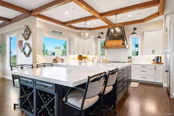Interior, Kitchen, Pendant Lights, Recessed Lighting, Wooden Beams, Wood Texture Flooring