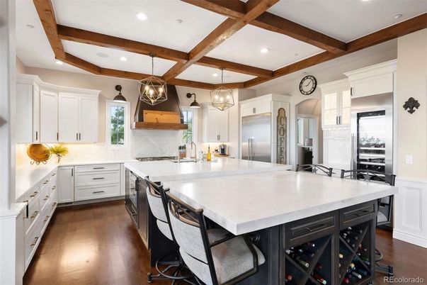 Interior, Kitchen, Pendant Lights, Recessed Lighting, Stainless Steel Appliances, Wooden Beams, Wood Texture Flooring