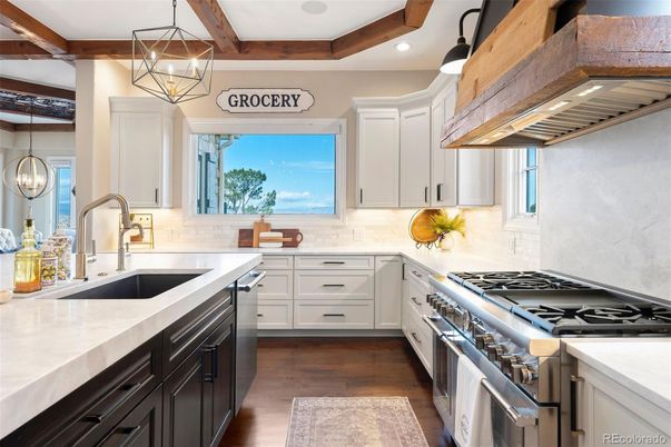 Interior, Kitchen, Pendant Lights, Recessed Lighting, Stainless Steel Appliances, Wooden Beams, Wood Texture Flooring