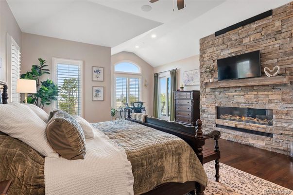 Bedroom, Fireplace, Interior, Recessed Lighting, Stone Walls, Wood Texture Flooring