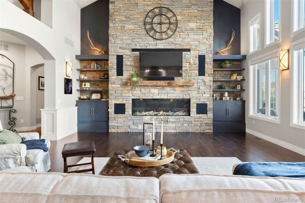 Fireplace, Interior, Living room, Stone Walls, Wood Texture Flooring