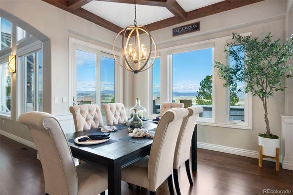 Dining room, Interior, Pendant Lights, Water, Wooden Beams, Wood Texture Flooring
