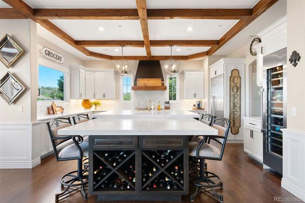 Dining room, Interior, Kitchen, Pendant Lights, Recessed Lighting, Wine Storage, Wooden Beams, Wood Texture Flooring