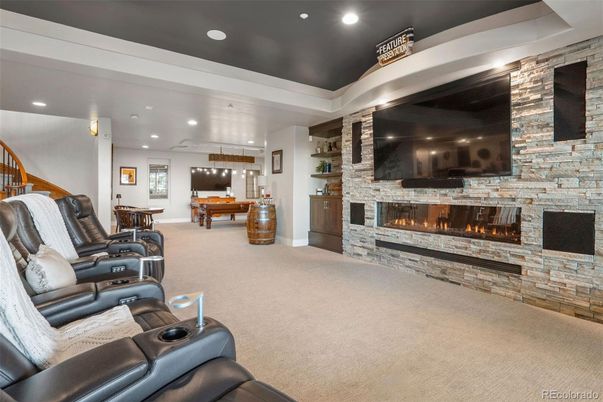Home Theatre Room, Fireplace, Interior, Kitchen, Living room, Recessed Lighting, Stone Walls