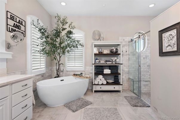 Bathroom, Free Standing Baths, Glass Shower, Interior, Recessed Lighting