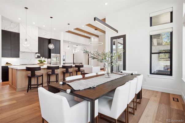 Dining room, Interior, Kitchen, Marble Walls, Pendant Lights, Recessed Lighting, Wooden Beams, Wood Texture Flooring